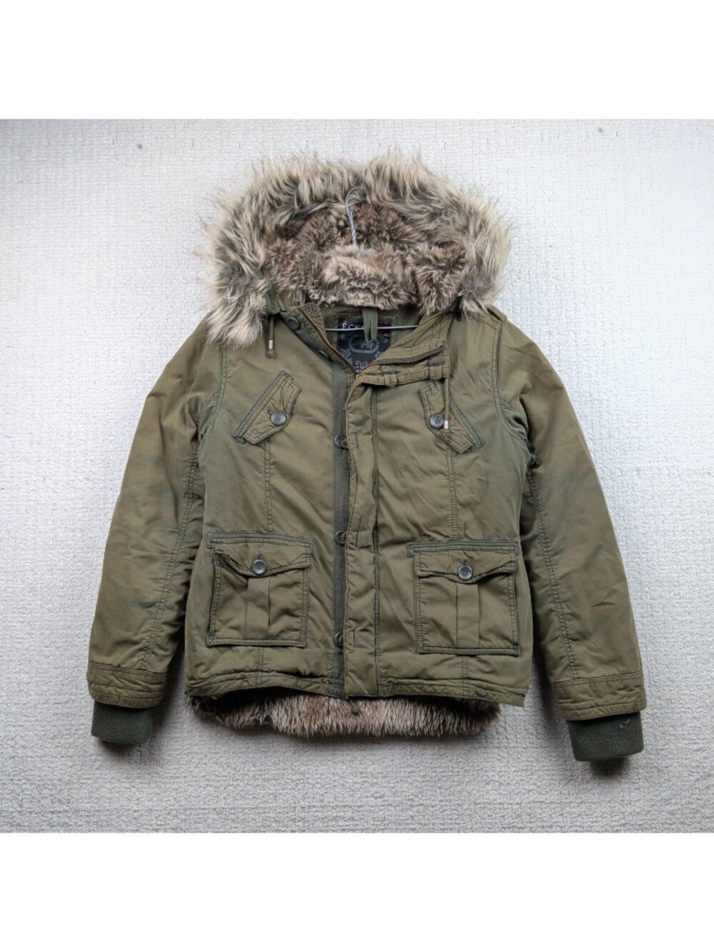 Y2K Ecko Red Military Green Faux Fur Utility Parka Jacket Sz L Grunge Goth Alt**